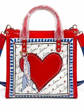 Brighton Striped Love Vinyl Tote Crossbody Bag Red Blue NWT